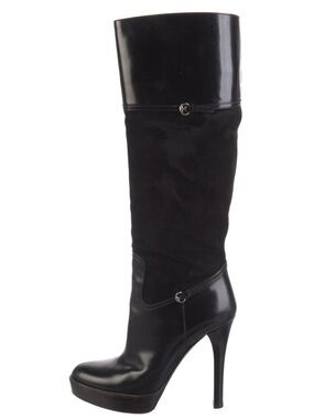 Gucci Black Leather and Pony hair Bonnie Platform Knee High Boots